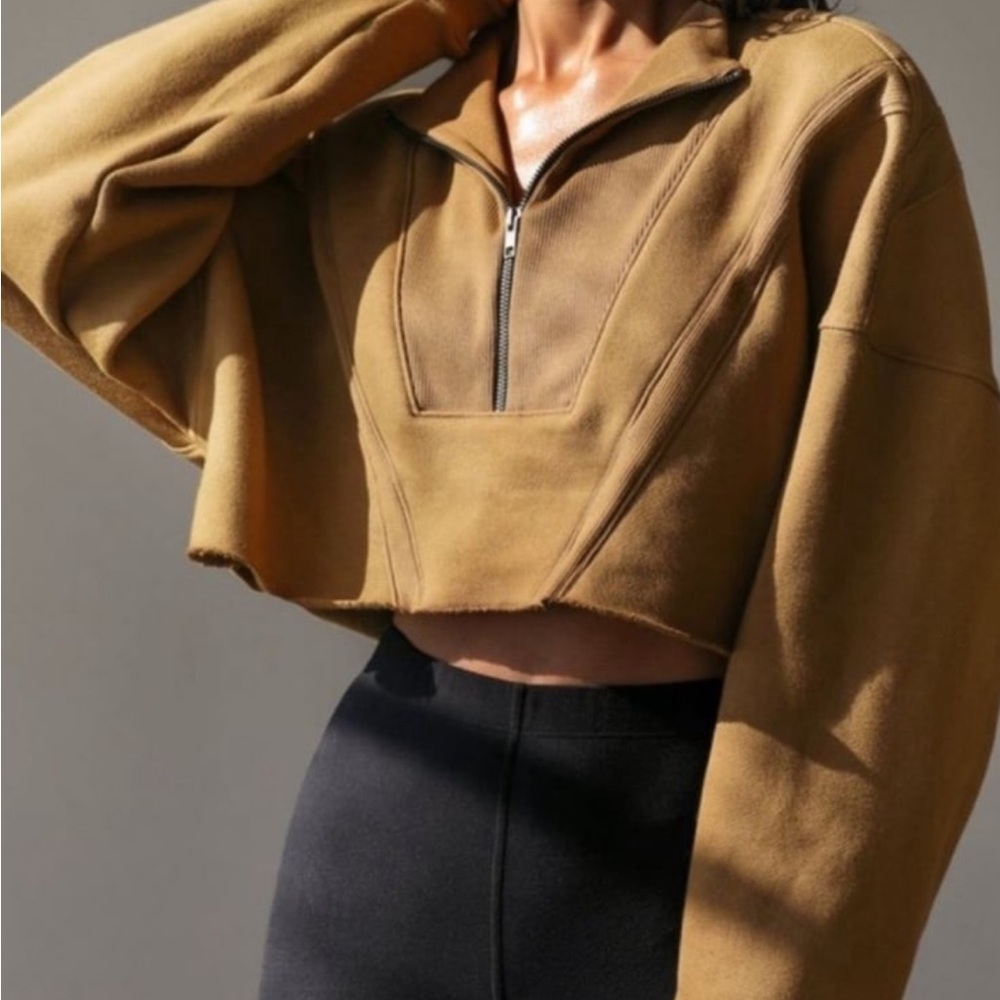 Joah Brown Half Zip Crop Pullover Bronze NWOT
